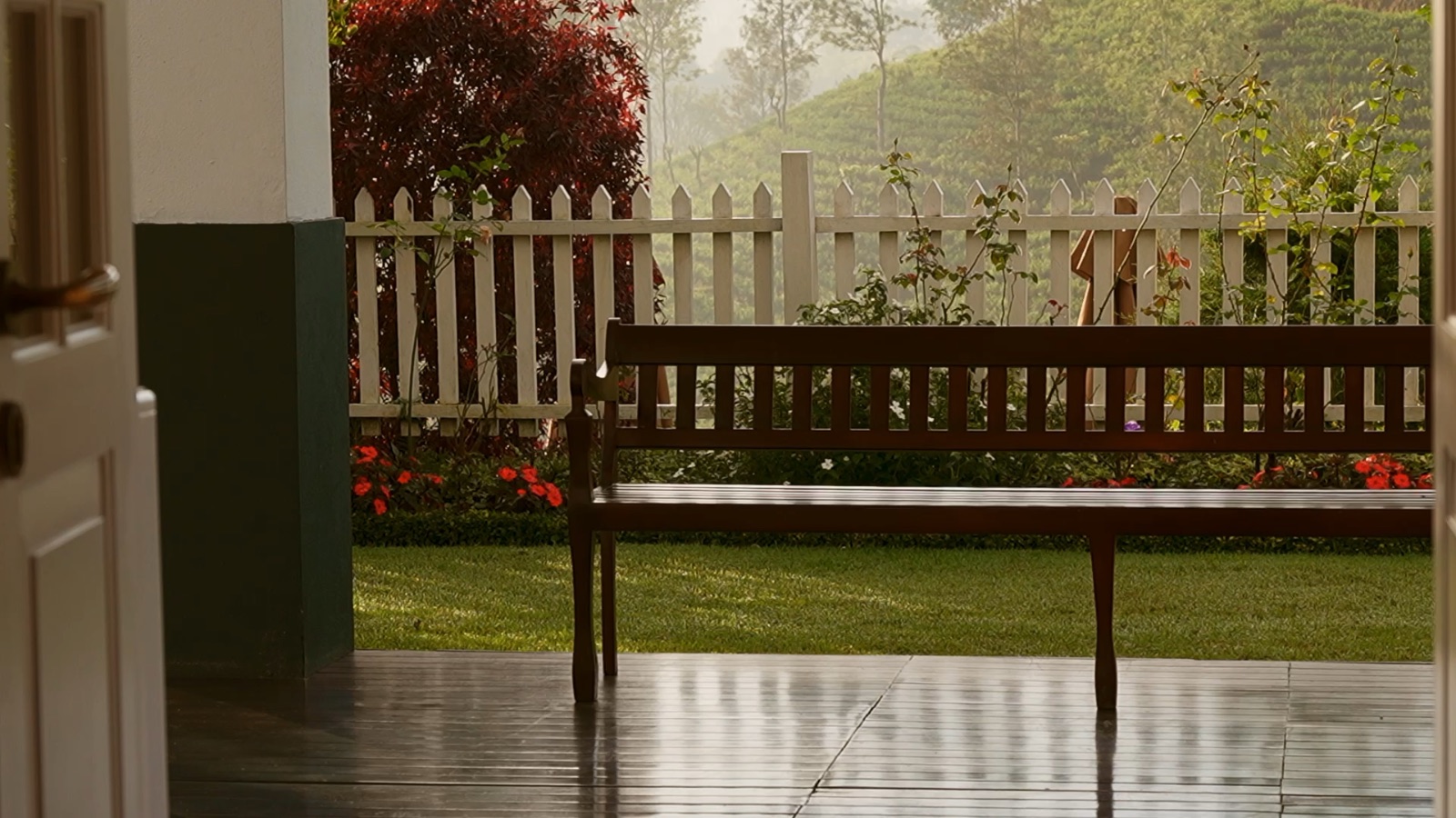 The veranda and tea-country hills at the Langdale hotel, Sri Lanka